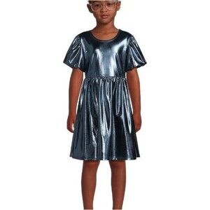 Wonder Nation Girls Metallic Knit Puff Sleeve Dress, Girl's Large 10-12